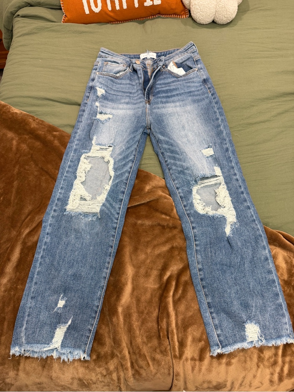 Distressed High-Rise Straight Leg Women's Jeans - Light Blue